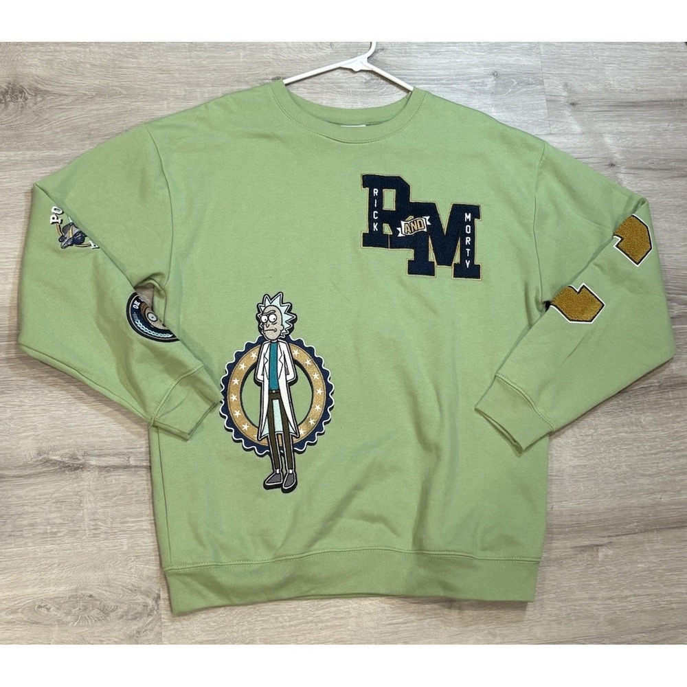 Rick And Morty Sweatshirt With Varsity Letter Style Patches. Green. Size‎ Large